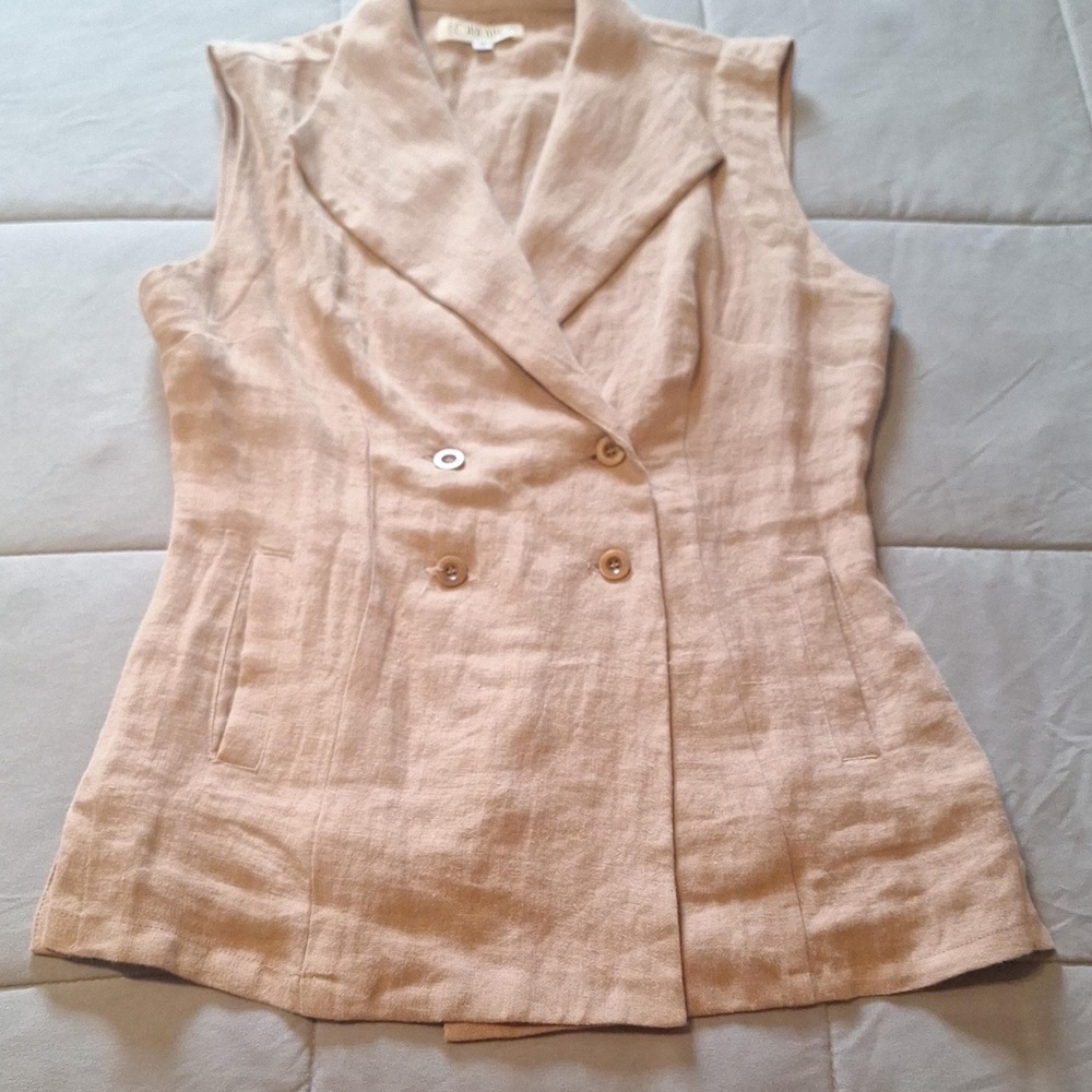 Lora Aron Top 4 Brown Linen Blend Double Breasted Sleeveless Wide Lapel Chic